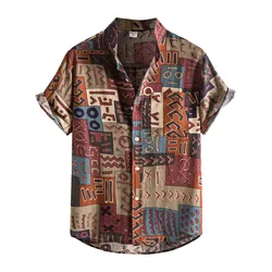 Designer colorido malha camisas para homens vintage verão casual camisa de manga curta algodão linho étnico lapela xadrez camisas