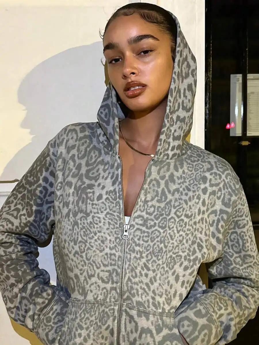 

Women Leopard Print Zip Up Hoodie With Kangaroo Pocket Y2K Style Spring Jacket
