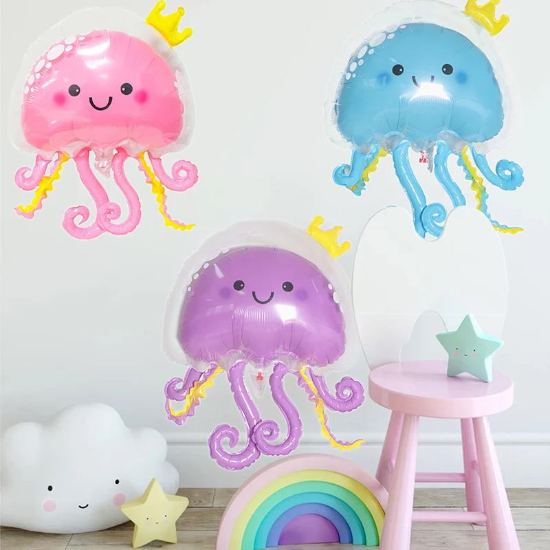 1Pc Pink Blue Purple 3D Double-layer Bubble Cute Jellyfish Octopus Aluminum Foil Balloon Ocean Themed Birthday Party