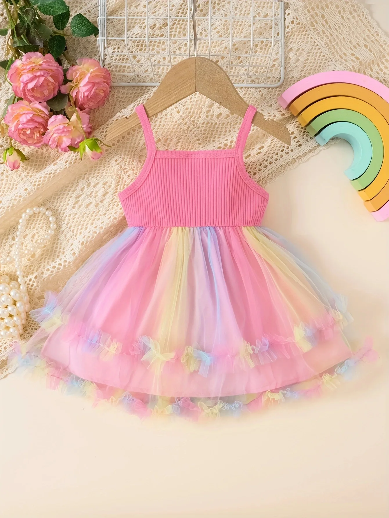 Baby and little girl summer style suspender waist patchwork colorful mesh skirt hem dress