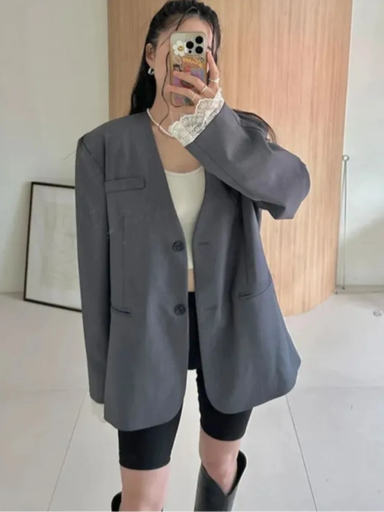 

Chic Autumnal Gentle Lace Trim Splicing Long Sve V-Ne Simple Versatile Casual Suit Jaet Women's Faion Spring Autumn