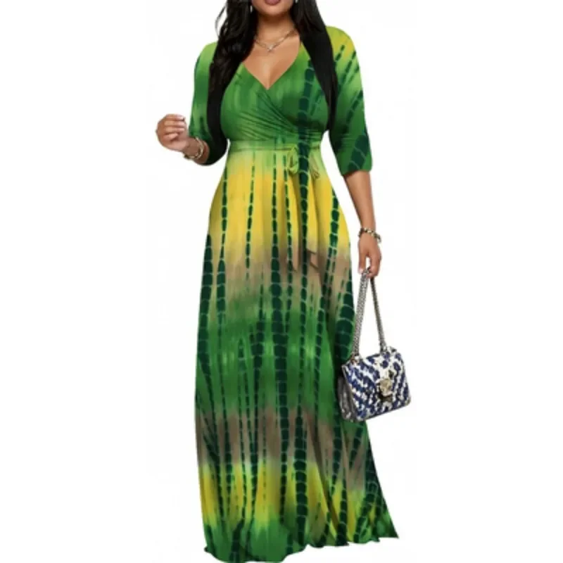 European and American sexy, fashionable, elegant cut, large swing print, geometric pattern, seven or eight sleeves, V-neck dress