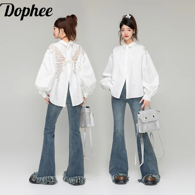 

Dophee Original Embroidery Butterfly Hollow Out Backless White Blouses Women Summer Short Sleeve Shirts Y2k Loose Casual Top