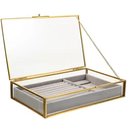 Golden Frame Vintage Clear Glass Jewelry Box with Lint Organizer Jewelry Organizer Tray