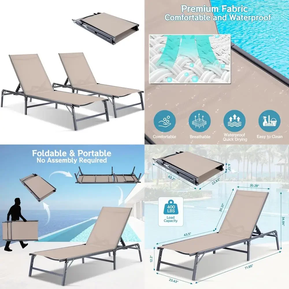 Adjustable Outdoor Chaise Lounge Chairs Set of 2 - Foldable, Rust-Resistant, Portable, Easy Assembly-Free, Durable Frame, Versat