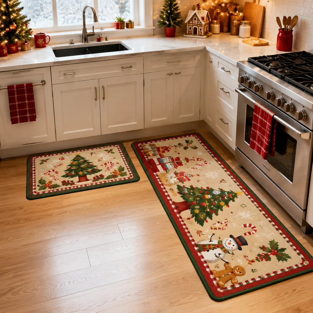 VIKAM 1pc/2pc Christmas New Style Best-selling Kitchen Floor Mat for Laundry Rooms Restaurants Crystal Velvet Rug for Home Decor