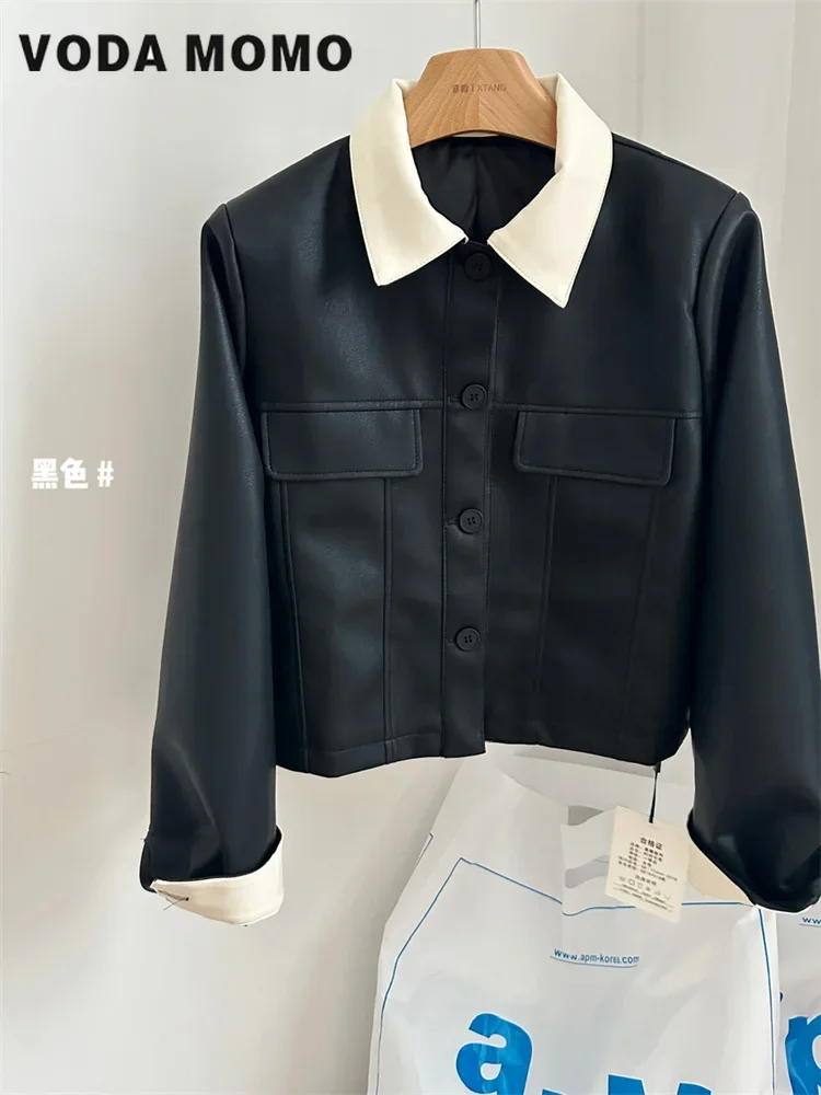 

PU Coat 2023 Spring Autumn New Loose Temperament Cardigan Tops Leather Jacket Women's Korean Fashion Retro Versatile Polo Collar