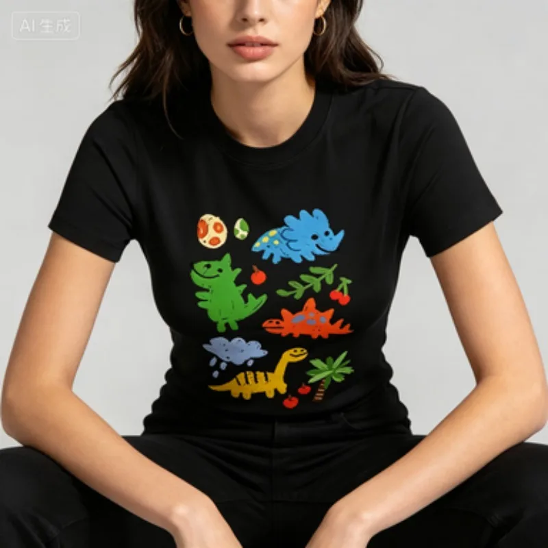 Women Modal T‑Shirt Cute Hand‑Painted Dinosaur Cartoon Graphic Print Doodle‑Style Animal‑Inspired Standard‑Fit Casual Comfort