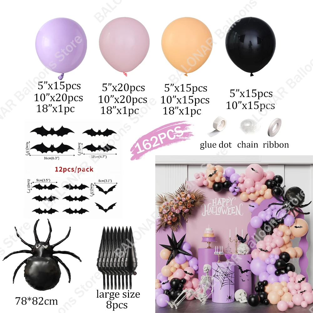 162pcs Halloween Decoration Balloon Garland Arch Kit Black Spider Foil Balloon For Halloween Party Decor Birthday Party Globos