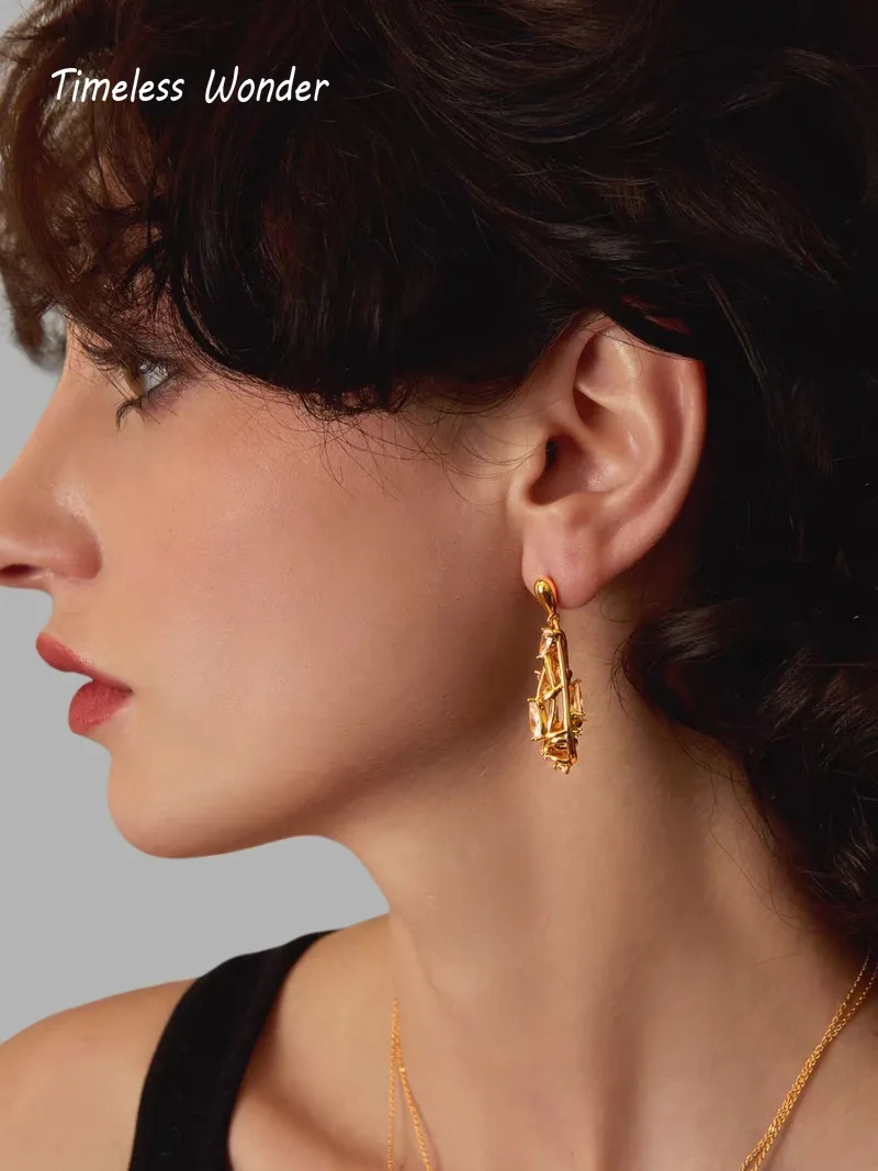 Timeless Wonder Geo-Ohrstecker aus Messing mit Zirkon-Ausschnitt für Damen, Designer-Schmuck, trendiges Geschenk, Top, edel, schlicht, ordentlich, 5133
