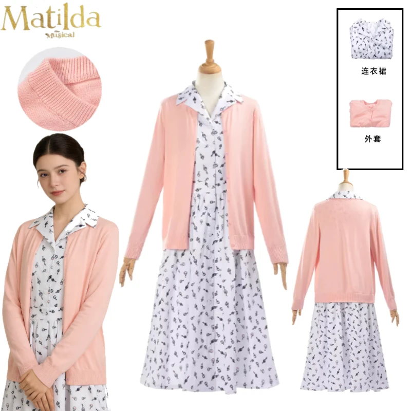 

Matilda Cosplay Costume Hortensia From Musical Matilda Pink Floral Dress Elegant Sweet Dress Coat for Women Halloween Party