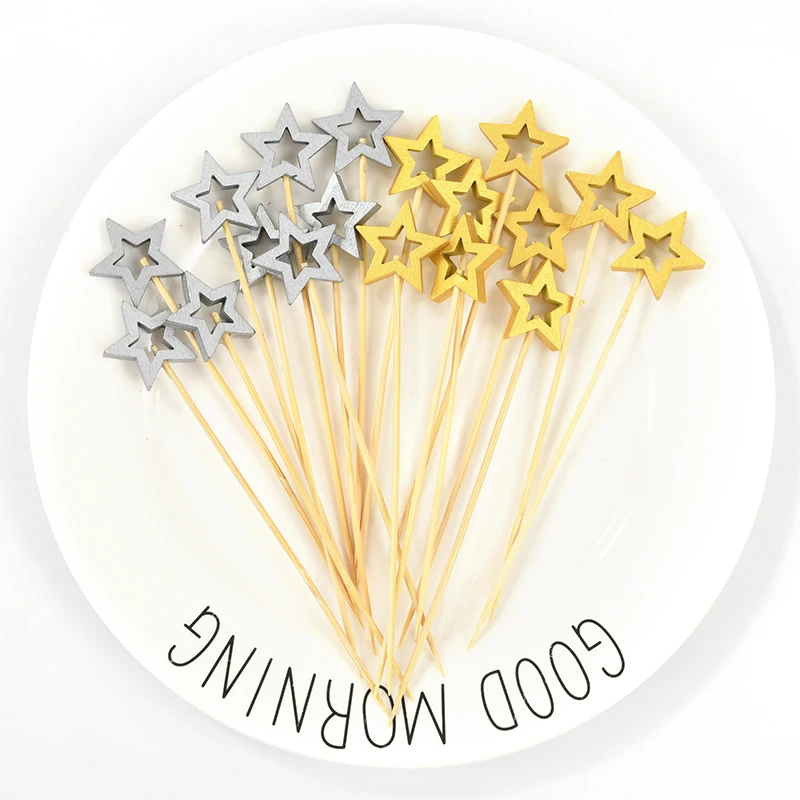 50pcs Gold Silver Hollow Star Disposable Bamboo Skewers Buffet Fruit Food Picks Cocktail Sticks Birthday Wedding Party Decor