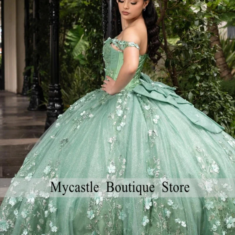 

Green Shiny Princess Off the Shoulder Sweet 16 Dress Quinceanera Dresses Applique Flower Beads Bow Tull Party Birthday Vestidos