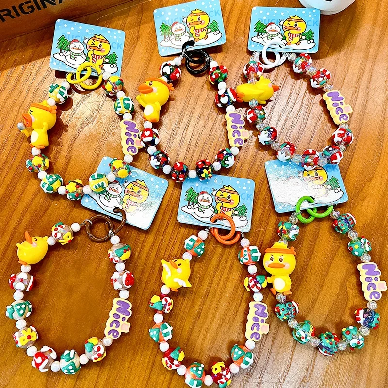 Kawaii Little Yellow Duck  Beaded Mobile Phone Chain, Creative Hand Painted Beads Animation Key Chain， Girl's Bag Pendant, Gift