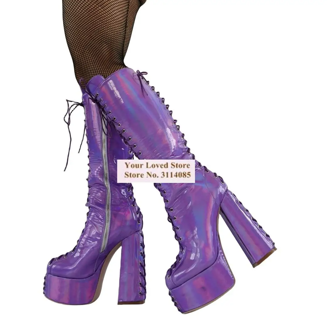 Purple Hologram Iridescent Patent Leather Knee Boots Reflective Shiny Mirror Leather Chunky Heel Platform Tall Boots Lace-Up