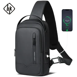 HK-bolso de hombro para hombre, bandolera de gran capacidad, resistente al agua, con carga USB, para teléfono, de lujo