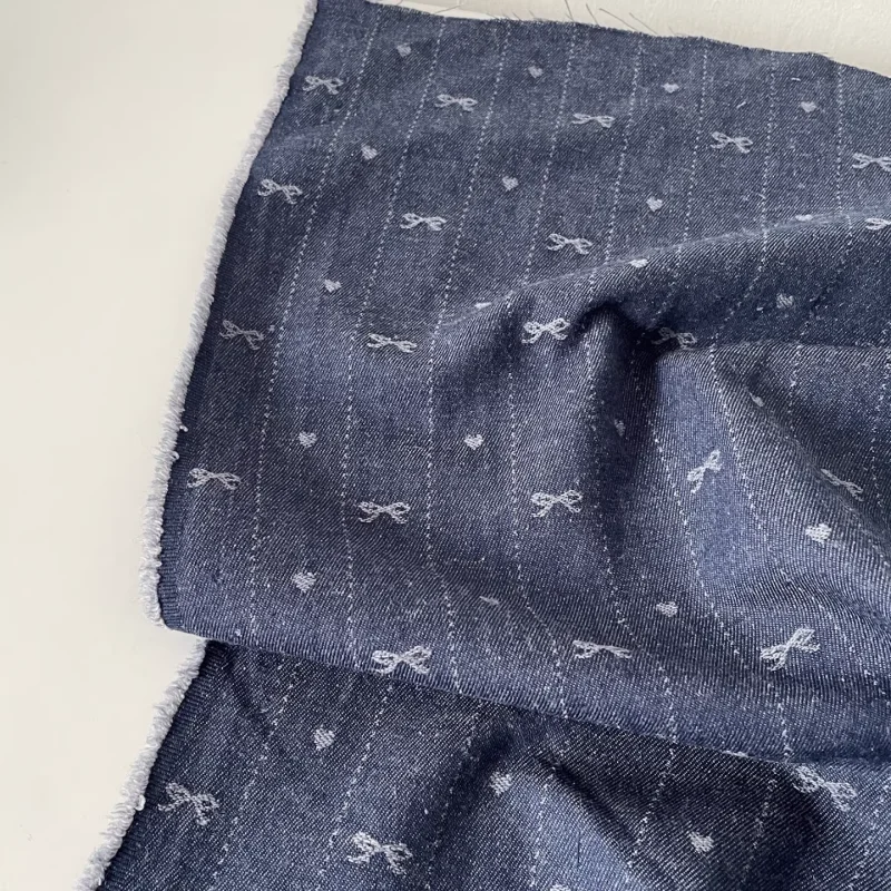 

Beautiful hand-woven heart jacquard polyester cotton denim blue dress fabric