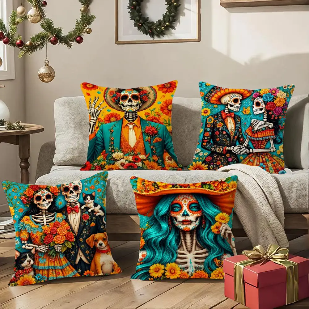Marigold Skeleton Fiesta Originals Cushion Cover 1/4Pcs Soft Plush Cushion Case Throw Pillowcase Cozy Home  Living Room Decor