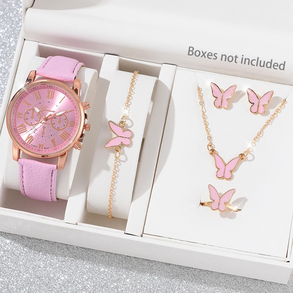 5Pcs Set Fashion Women Watch Butterfly Jewelry Set Watch Business Casual Leather Quartz Wristwatch Gift Relogio Feminino Clocks