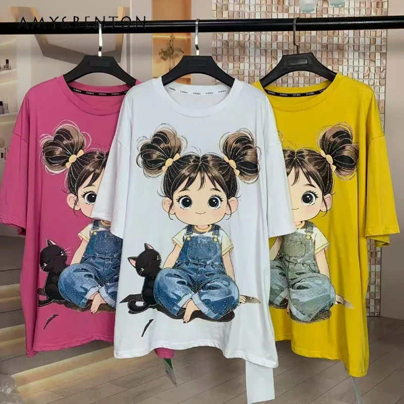 

2026 Spring Summer New Style Heavy Industry Rhinestone Girls Tees Fashion Youthful Cartoon Loose Short-sleeved T-shirt Top Women