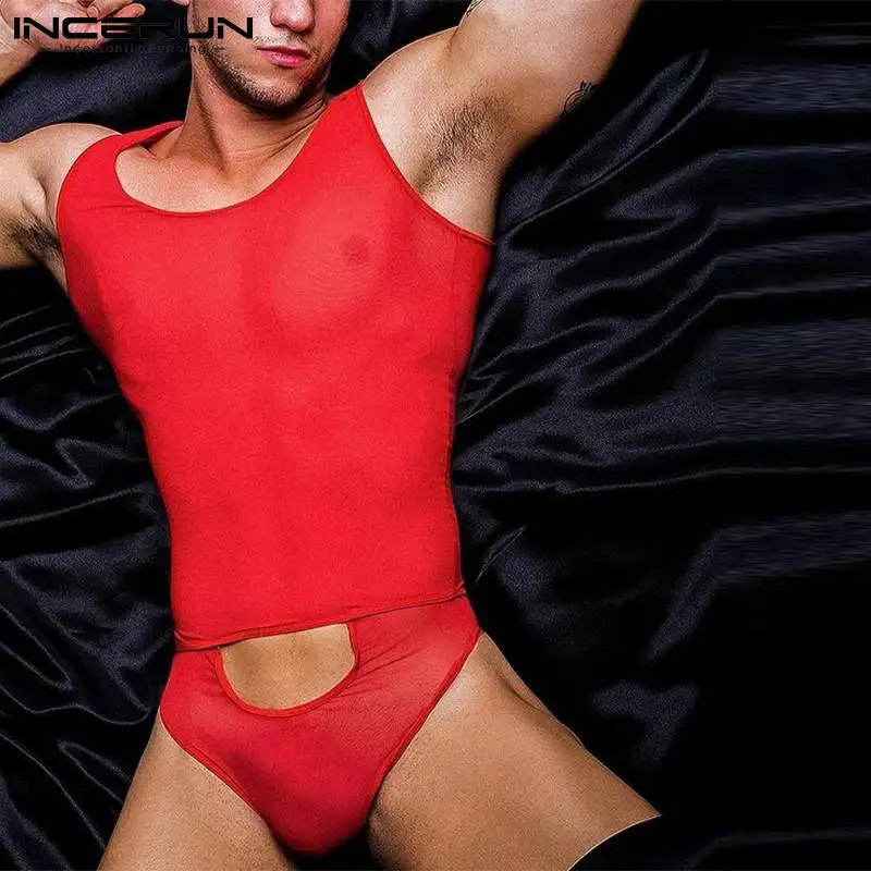 INCERUN 2023 Sexy Homewear New Men Rompers Hollowed Elastic Transparent Jumpsuits Fashionable Male Thin Triangle Bodysuits S-5XL