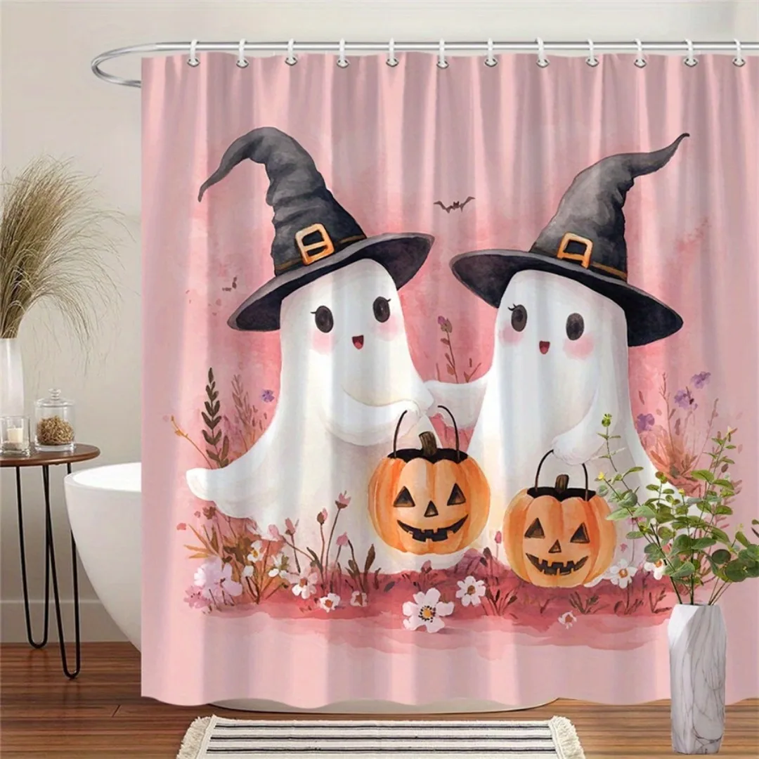 

1 шт. розовая занавеска для душа Happy Halloween с призрачным принтом тыквы, водонепроницаемая полиэстеровая занавеска для ванной для украшения ванной комнаты на Хэллоуин