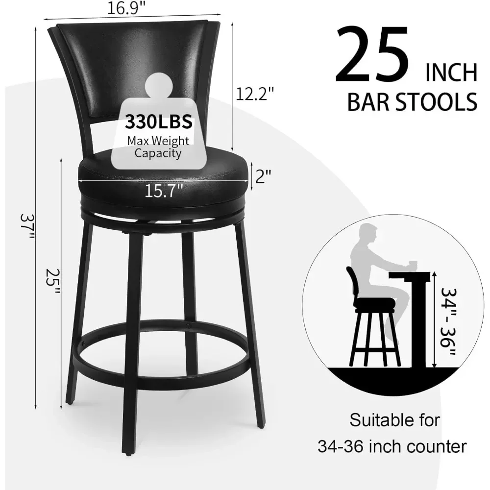 Bar Stools, 25" Swivel Bar Stools with Back, Counter Height Bar Stools Set of 2, Round Swivel Bar Chairs with Backs