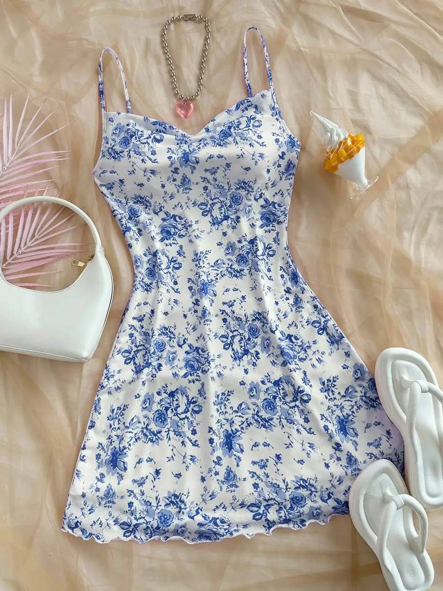 

Blue Floral Print Spaghetti Strap Mini Dress with Scalloped Hem
