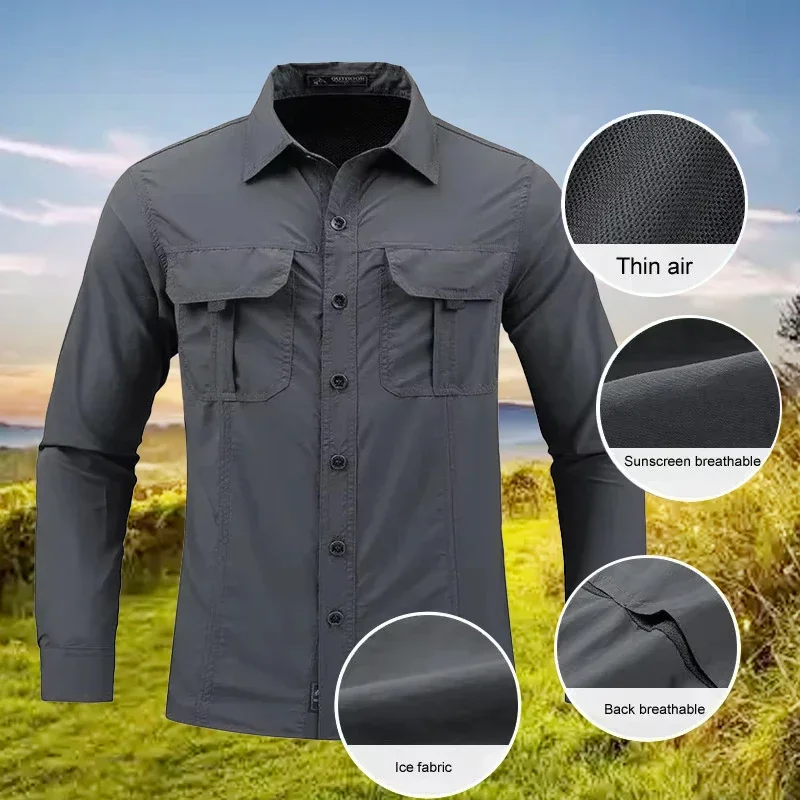 Men's 2025 Lightweight Quick Drying Shirt Casual Solid Color Long Sleeved Male Workwear Breathable Sports Hiking Overshirt