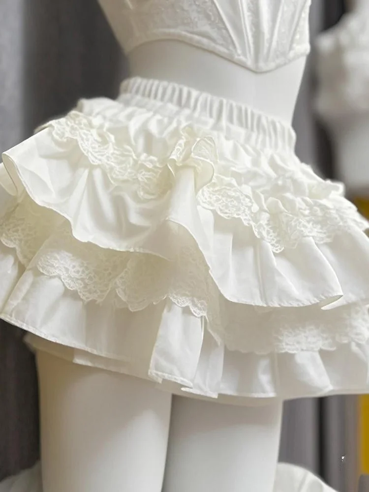 Lolita Sweet White Cake Skirt Women High Waist Sweet Lace Patchwork Slim Mini Skirts Japan Kawaii Spring Summer Ball Gown Skirt