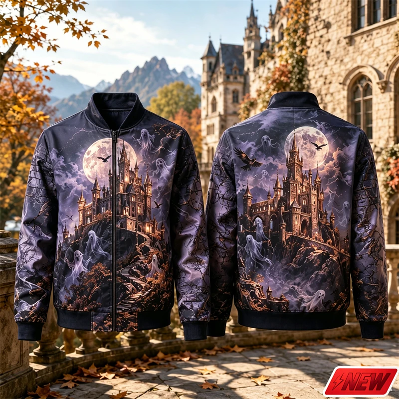 Horror Gothic Style Halloween Men Zipper Jackets 3D Print Moon Ghost Crow Cloud Pattern Zip Coat Street New Long Sleeve Jacket