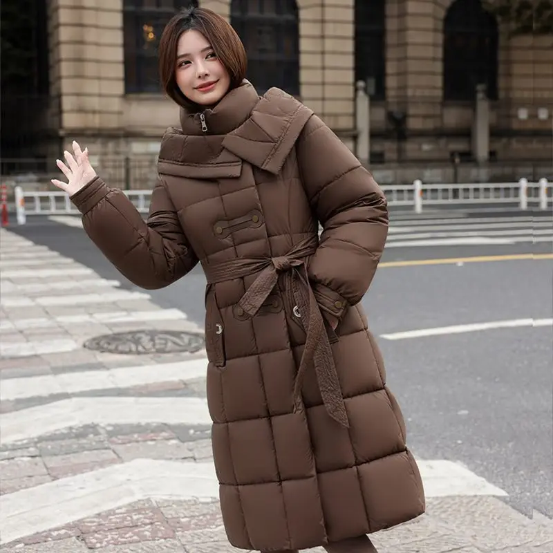 

Новая женская толстая длинная пуховая хлопковая куртка, зимняя теплая стеганая куртка, женская корейская парка с капюшоном, пальто, хлопковая одежда