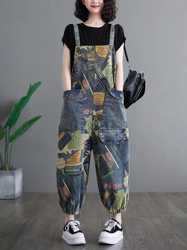 Artistic Vintage Large Size Denim Overalls Women's Print Loose Fit One-Piece Commuter High Waist Nine-Piece Jeans