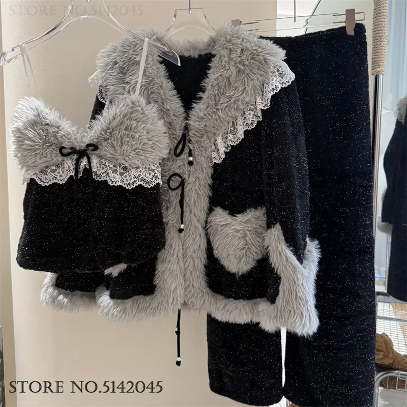 

Winter Flannel Women's Sleepwear 3PCS Pajamas Set Fashion Thicken Warm Nightwear Loungewear Loose Coral Fleece Homewear Pyjama