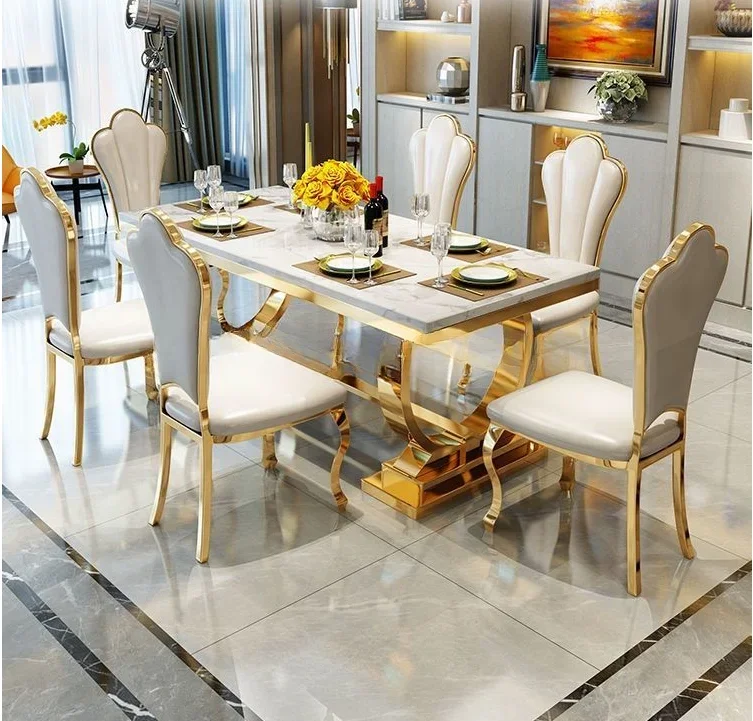 

2020 Customized Rectangular Real Natural Marble Top Italian Luxury Design Wood Types 6 Chairs Dining Table Set