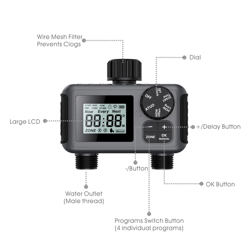 LLCS-2-Way Programmable Watering Timer For Greenhouse, Lawn Automatic Hose Tap Irrigation System With Drip Controller Valve NH3/