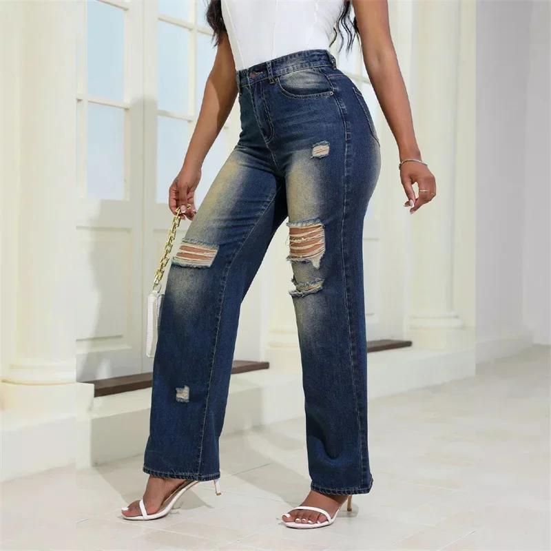 New Vintage Broken Holes Loose Straight Jeans Women High Waist Button Splice Denim Pants Female Trousers Casual Trend Streetwear