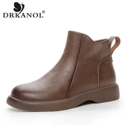 DRKANOL Autumn Winter Warm Plush Ankle Boots For Women Real Cowhide Retro Style Flat Short Boots Ladies Cotton Shoes Big Size 42
