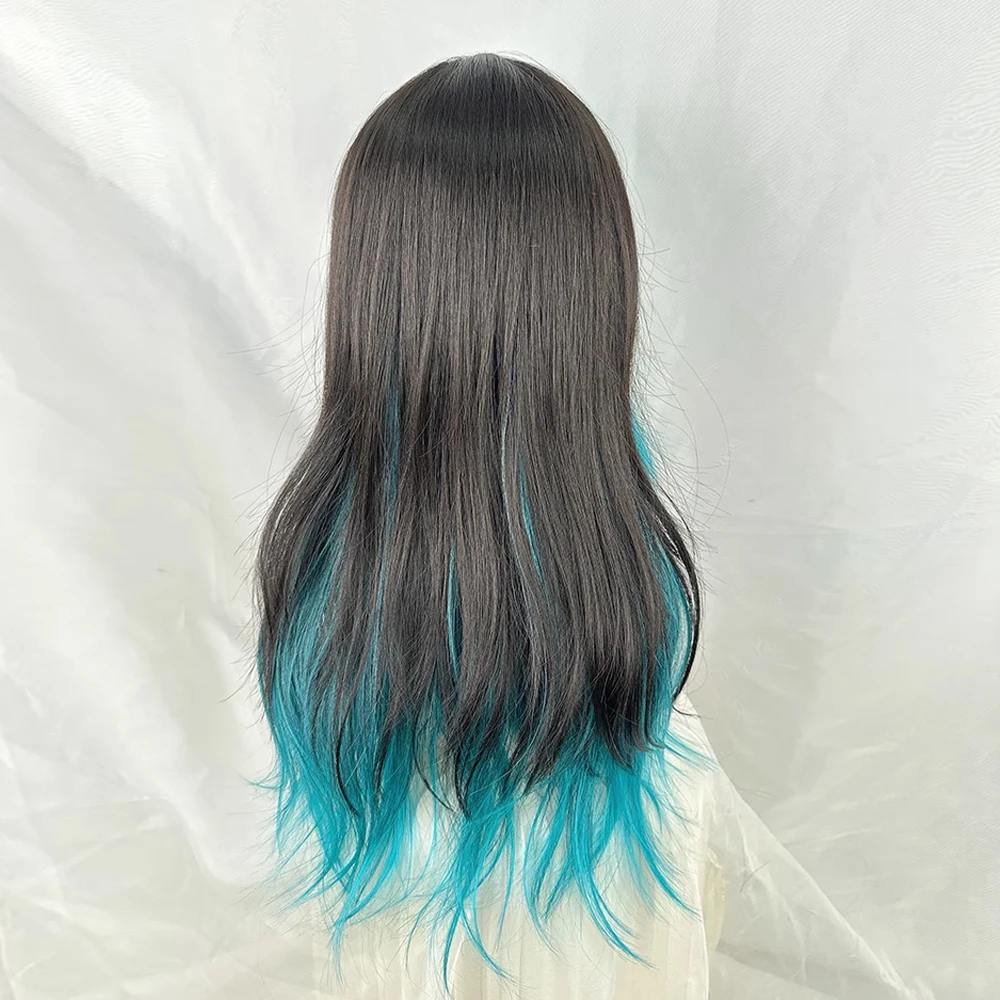 Ombre Black Blue Blend Synthetic Long Wavy Wig with Bangs Fluffy Women Lolita Cosplay Hair Wig for Daily Party