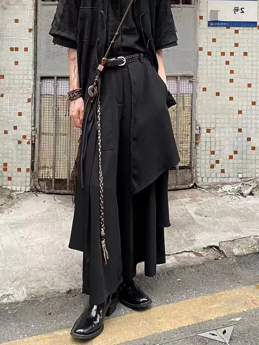Japanese Retro Yamamoto Style Irregular Layered Pants Men's Chinese Style Wide Leg Trousers Unisex Y2k Black Skirt Trousers