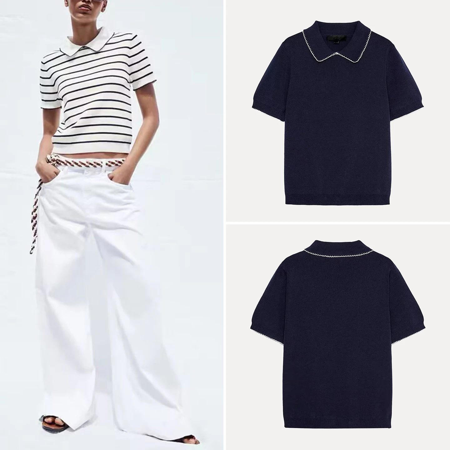 

Women's Casual Knitted ort Sve Turn-down Collar Embellied Summer Top Z Commute Sle Classic Pattern Polyest...