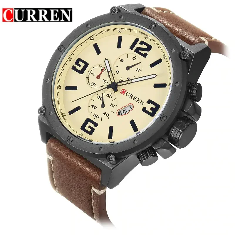 CURREN 8230 แฟชั่น Big Dial Design นาฬิกาข้อมือสําหรับชาย Casual หนังสายรัดควอตซ์ Auto วันที่นาฬิกากล่องนาฬิกาสําหรับชาย