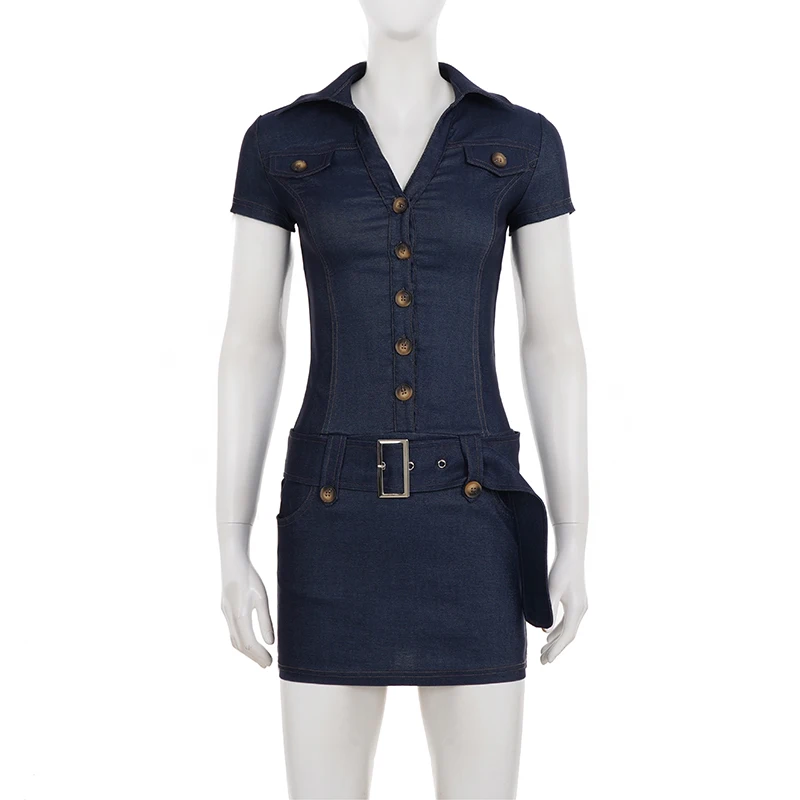 IAMSURE-Street Fashion Dark Blue Single Breasted Knitted Dress Slimming Short Sleeves With Belt Decorated Dresses 2026 Trend New - view 5