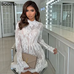 Booma Lace High Neck Mini Short Wedding Dresses Brides Party Gowns for Women Long Sleeves Bridals Evening Dress Customized