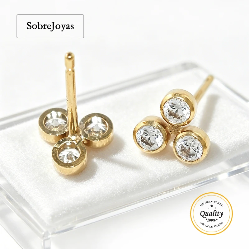 3つのベゼルクラスターポストイヤリング-2mm-3a-cz-14kゴールドフィルド-卸売バルクdiyジュエリーパーツ-1-20-14kt-gf