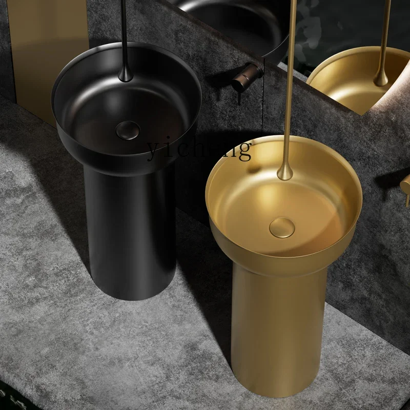 w8- gold stainless steel column basin floor type integrated washbasin bathroom round column type