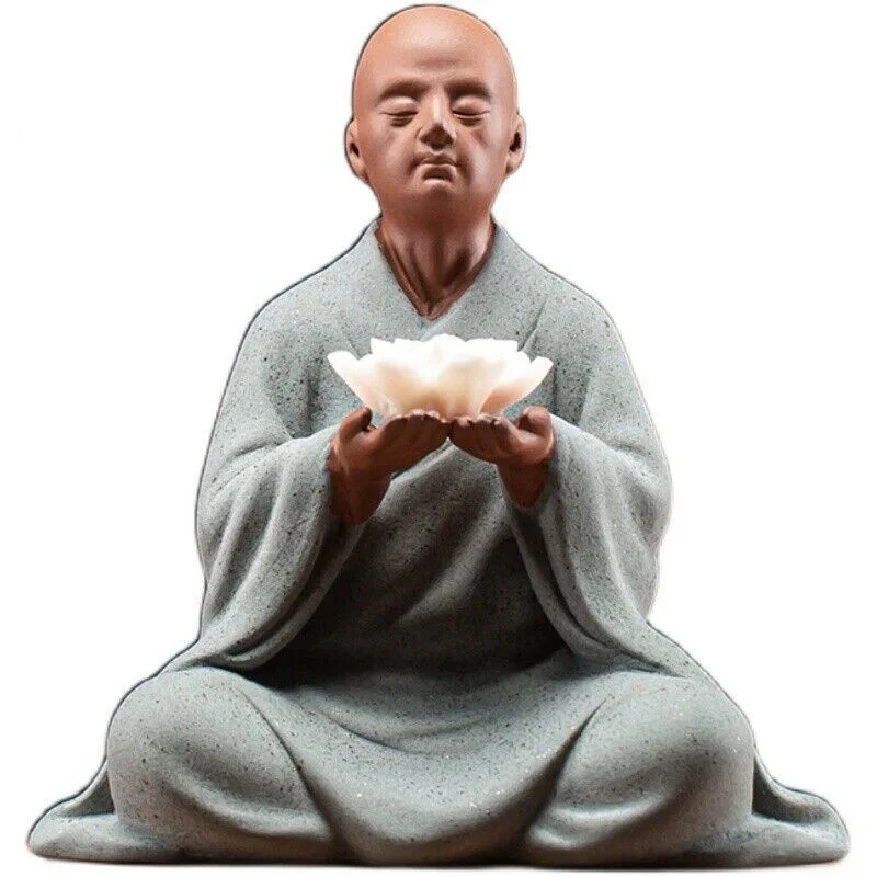 Porcelain Monk Statue Holding Lotus Incense Stick Hold Zi Sha Buddhism Zen Decor