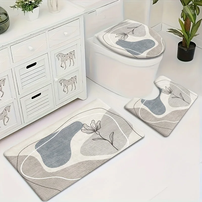 3pcs Modern Abstract Minimalist Bathroom Non-Slip Mat Set - Soft, Comfortable, Washable Flannel Fabric, Machine Washable, Ideal