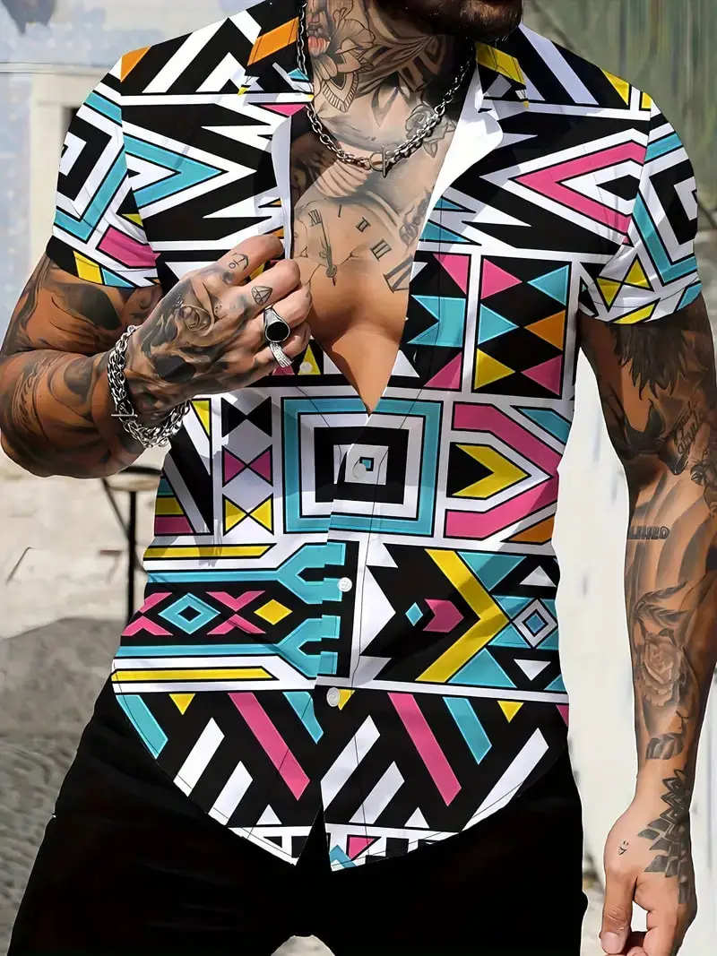 Men\'s Vintage Style Color Block Beach Shirts 3D Geometric Pattern Print Hawaiian Vacation Shirt Summer Short Sleeve Lapel Blouse