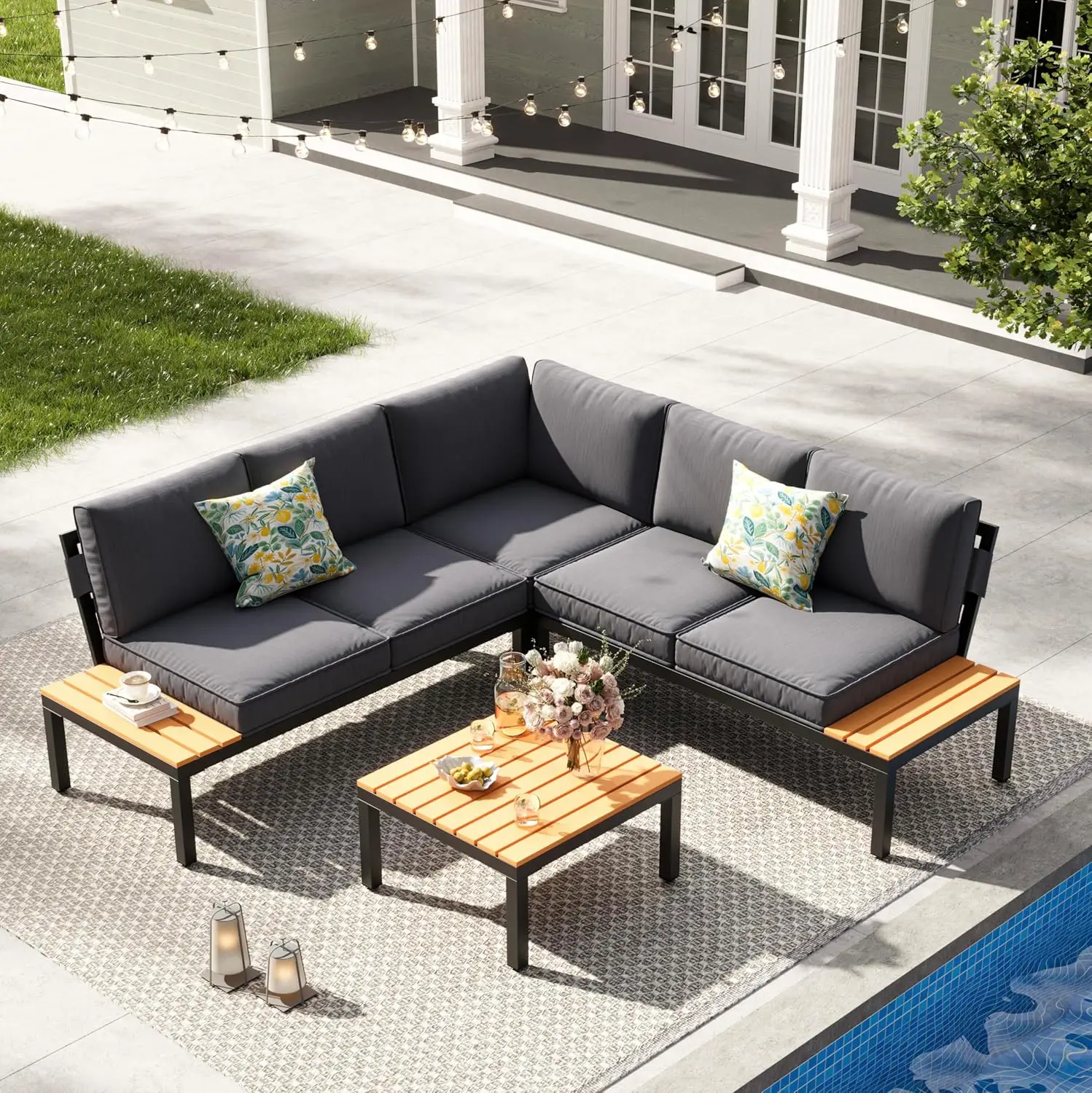 

4-Piece Patio Furniture Set,Metal Outdoor Sectional Sofa with 3 Fauxwood Tables &Adjustable Reclining Chair,Patio, Customized